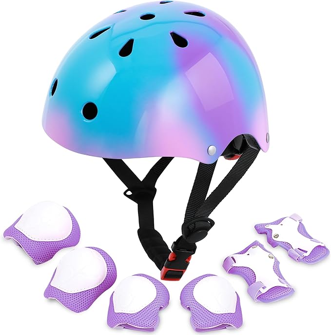 Kids Bike Helmet with DIY Stickers and Knee Pads Elbow Pads Wrist Guard Set for Ages 3-8-14 Toddler Boys Girls Helmet for Roller Skates Cycling Skateboarding Bicycle Scooter