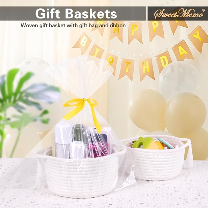 Empty Gift Basket Mini Woven Rope Organizer Baskets for Baby Shower, Vanity, Makeup, Bathroom, Tiny Toys, Desk - Small Decorative Storage Bins - Set of 2, Pre-Shaped, White