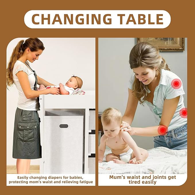 YUFU Baby Changing Table, Diaper Changing Table with Laundry Hamper, 3 Storage Drawers and Pad, Wooden Infant Diaper Changing Station, White