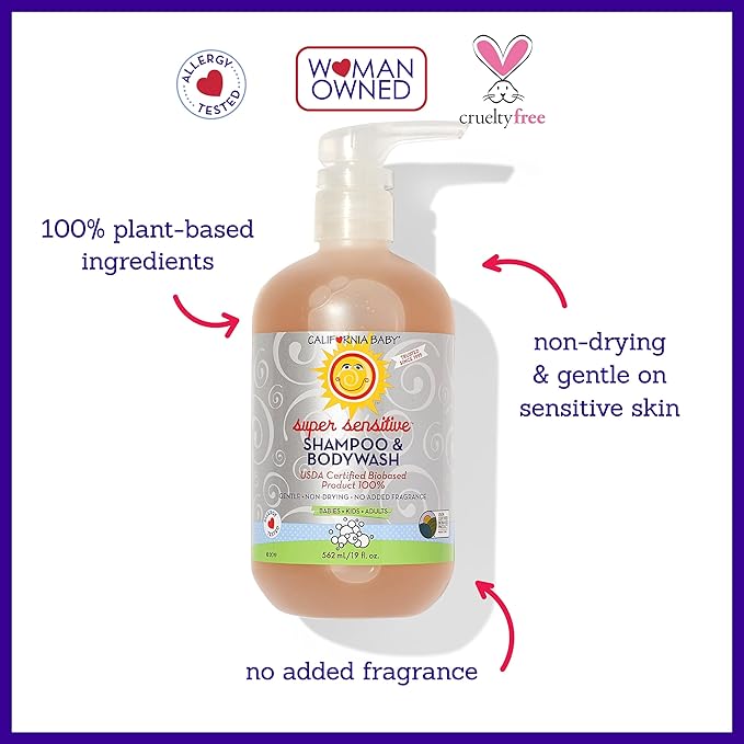 California Baby Super Sensitive Baby Shampoo and Body Wash | 100% Plant-Based | Gentle Fragrance Free Shampoo | Hypoallergenic | 19 Ounce (Pack of 2)