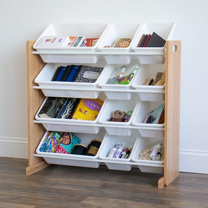 Humble Crew Kids Toy Storage Organizer with 12 Plastic Bins, Natural Wood/White – Removable Bins for Playroom, Bedroom, Toddler Furniture for Boys and Girls Ages