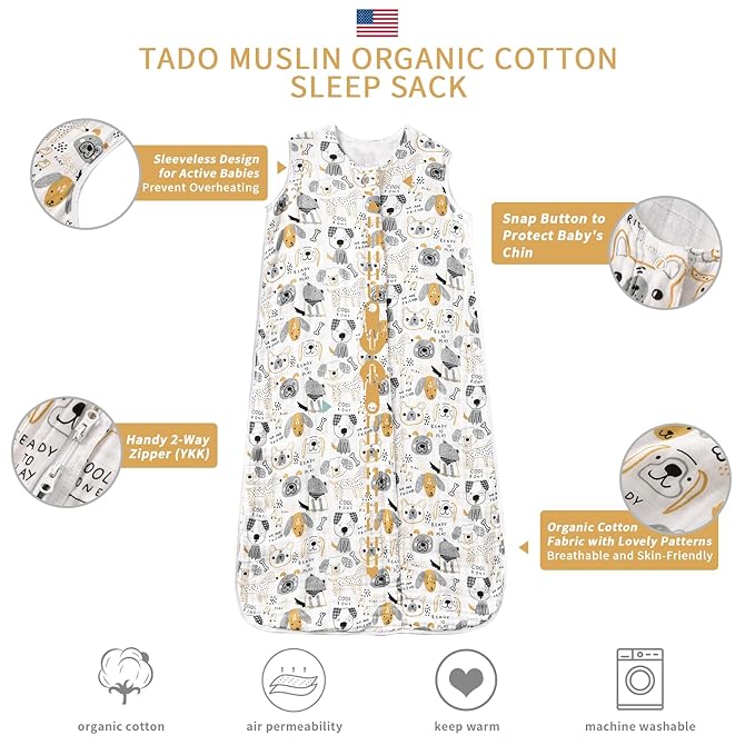 Baby Sleep Sack 2-4 T Baby Wearable Blanket 100% Organic Cotton 0.5 TOG Toddler Sleeping Sack 2- Way Zipper Soft Lightweight X-Large Pup
