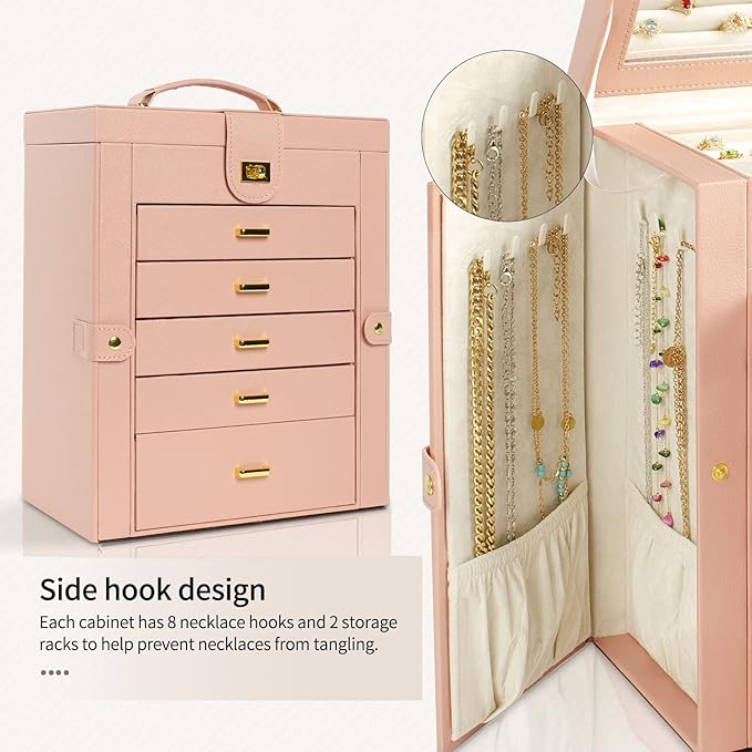 AKOZLIN Large Jewelry Box Organizer Functional Lockable with Big Mirror, Leather Jewelry Storage Case for Women Girls Ring Necklace Earring Bracelet Holder Organizer Pink