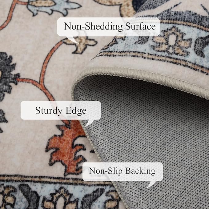 Washable Area Rugs 8x10, Large Rugs for Living Room, Carpet for Bedroom, Soft Faux Wool Retro Dining Room Rug, Non-Slip Backing Resistant Low Pile Vintage Print Rug for Home Office (Blue/Gray)