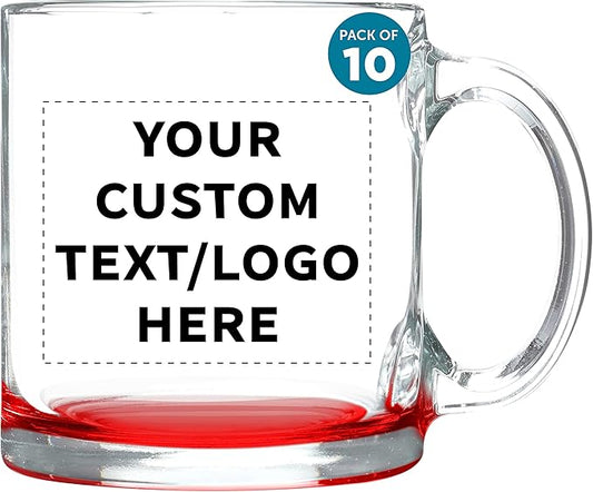 Custom Libbey Clear Glass Coffee Mugs 13 oz. Set of 10, Personalized Bulk Pack - Perfect for Coffee, Tea, Espresso, Hot Cocoa, Other Beverages - Red Bottom