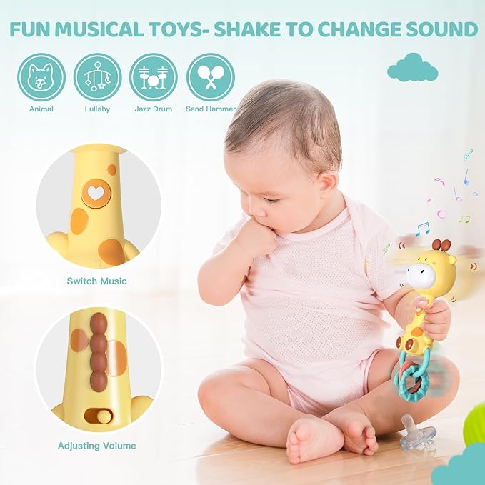 Orzbow Giraffe Teether Toy, Baby Teething Toys & Rattle Ligh-Up, Musical Baby Toy 3-6-12-18 Months, Easy to Grip Sensory Toys for Toddlers Bpa-Free, Boy Gir Birthdays Gift