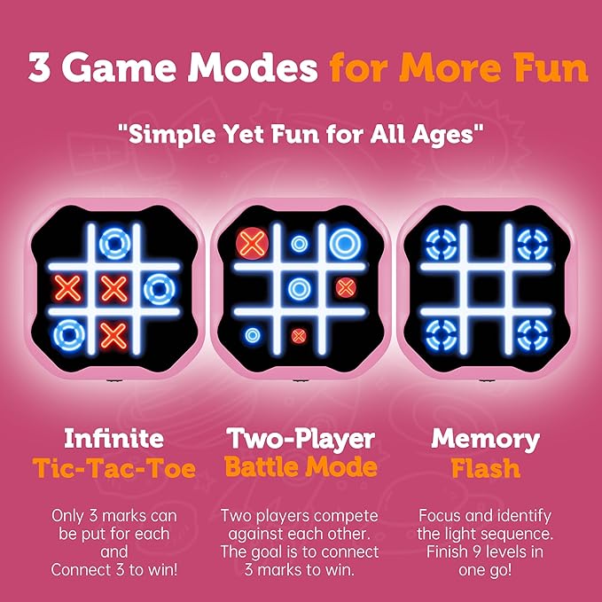 3 in 1 Electronic Tic Tac Toe Game, Handheld Digital Tic Tac Toe Bolt Game with Silent Mode, Portable Learing Toys Gift for Kids & Adults, Pink