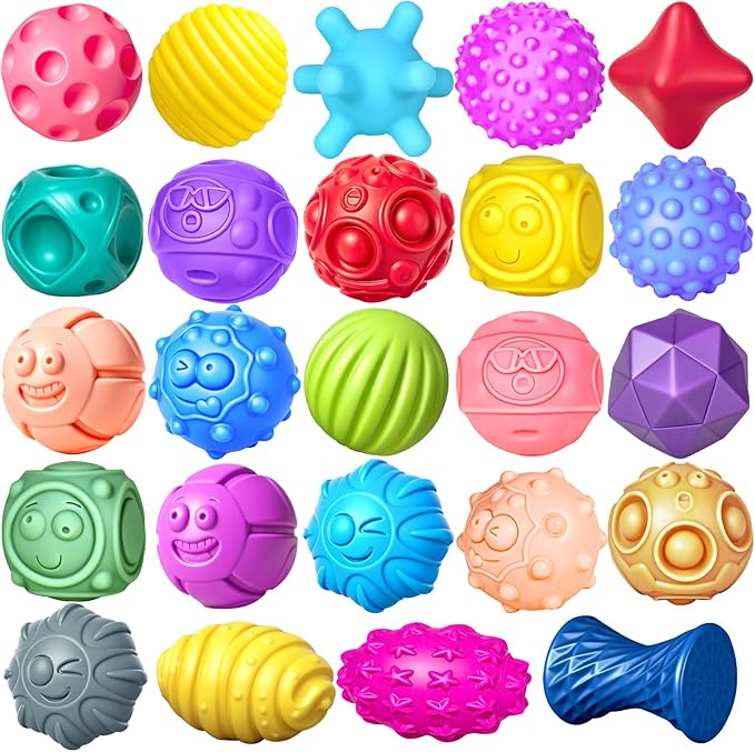24 Pcs Sensory Balls for Toddlers, Sensory Baby Toys, Montessori Toy for Babies Squeeze, Infant Toys Soft Multi Ball Set Gifts with Bright Color Textured