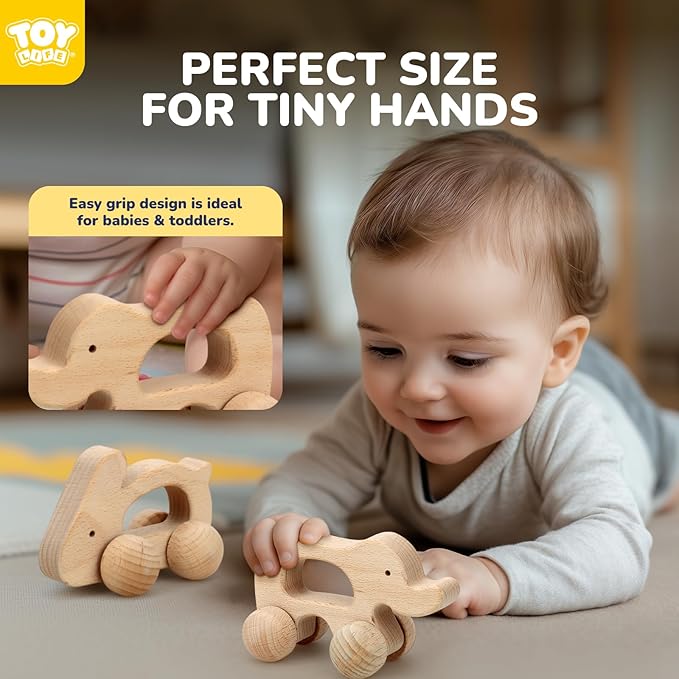 TOY Life Wooden Toys Cars, Montessori Toys for Babies 0-6-12 Months, Babies Bunny Rattle Cars for Toddlers 1-3, Wooden Baby Toys Gift 1 Year Old, Baby Boy Nursery Decor, Elephant & Rabbit Toy Car