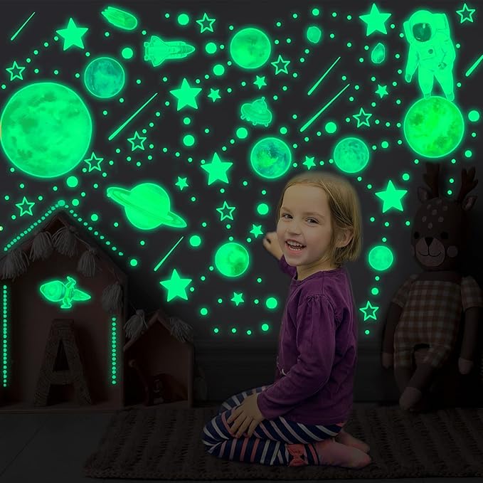 Glow in The Dark Stars for Ceiling Decor,849 Pcs Glowing Stickers for Ceiling Planets, Luminous Stars and Dots Wall Decals Kids Living Room,Rocket Astronaut Decorations for Boys Girls