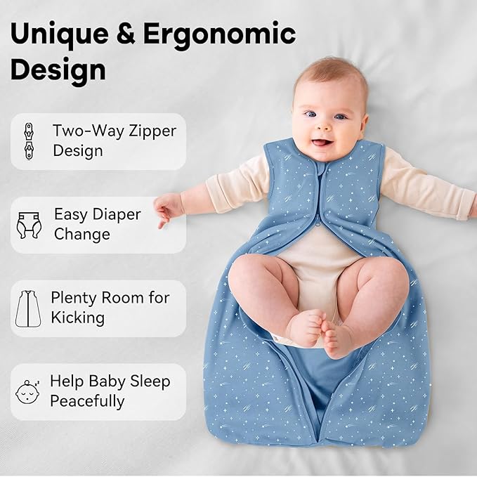 Baby Sleep Sack 12-18 Months 3 Pack 100% Cotton Lightweight 0.5 TOG Wearable Blanket Baby Sleep Bag with 2-Way Zipper for Infant Toddler Blue