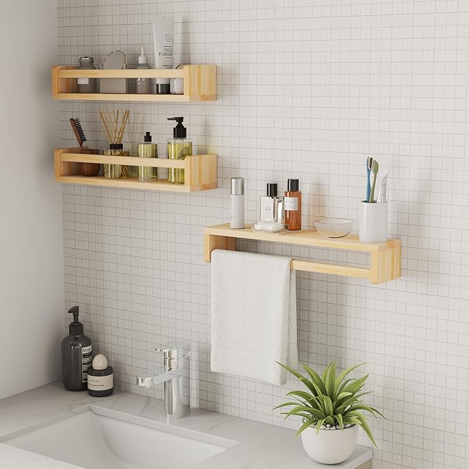 Heimlove Nursery Floating Shelves, Wood Nursery Book Shelves for Wall, 16 inch Wall Bookshelf for Kids Solid Wood Wall Mounted Shelves for Books,Toys and Decor Storage, Set of 3