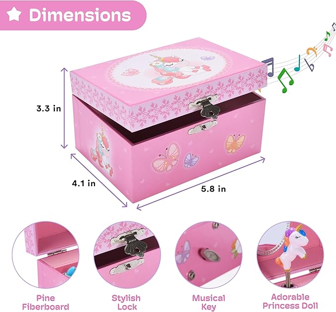 Jewelkeeper Unicorn and Butterfly Themed Jewellery Box Pink for Girls - Wooden Jewelry Box with Velvet Lining for Little Girl's Necklaces and Accessories - Spinning Unicorn Doll, Toys for Girls