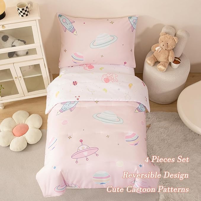 PERFEMET 4 Piece Toddler Girl Bedding Set Space Theme Pink Toddler Bed Set with Sheets Soft Reversible Astronaut Planets Crib Bed Comforter for Kids Girls