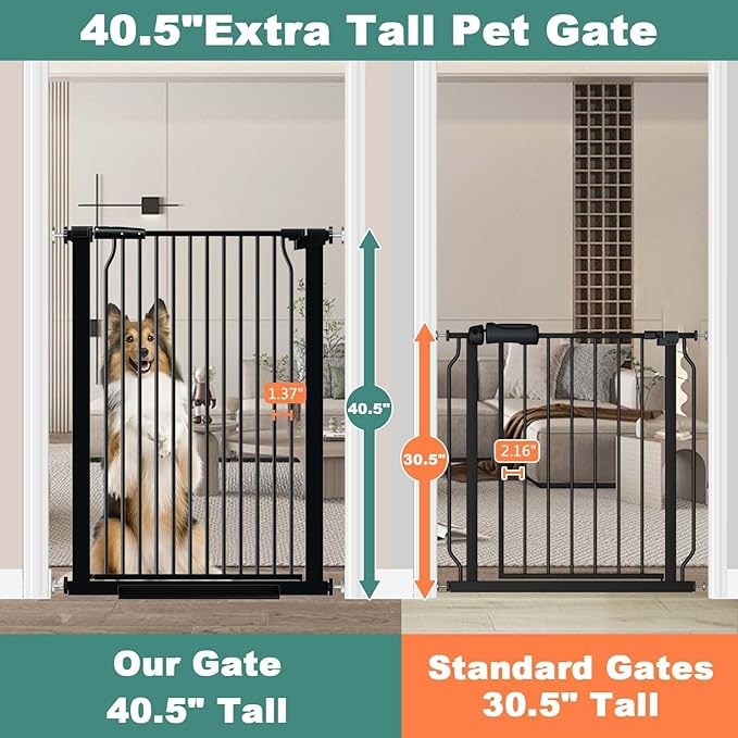 40.5" Extra Tall Baby Gate for Stairs, 68.5"-72.2" Extra Wide Long Dog Gate for The House, Safety Child Gate Easy Walk Thru Indoor, Metal Auto Close Pressure Mount Pet Gate for Doorways Hallway, Black