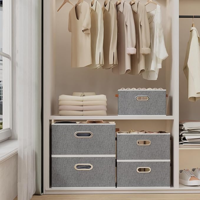 Yawinhe Fabric Storage Baskets, Foldable Closet Organizer for Shelves, Large Boxes with 3 Handles, Canvas Bins for Clothes, Grey, 12.99''Lx9.05''Wx7.87''H, 4-Pack