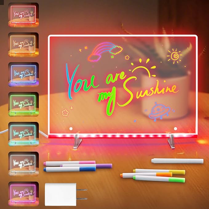 Dolanus LED Drawing Board for Kids - Doodle Glow, lumiboard, Note Board with 7 Colors 4 Modes Lights, Birthday Gift for 8 9 10 11 12 Year Old Girls Kids Teen Boys, Include Adapter, 7 Markers