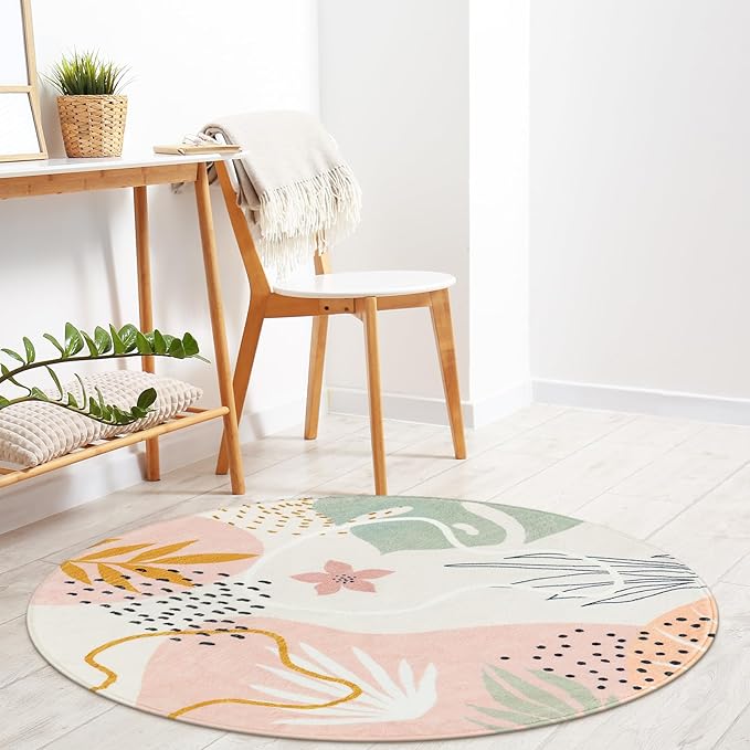 Lahome Boho Pink 3Ft Round Area Rugs - Soft Cute Small Circle Rug for Kids Nursery Room, Washable Non-Slip Botanical Print Circular Carpet for Sofa Playroom (Pink,3'x3')