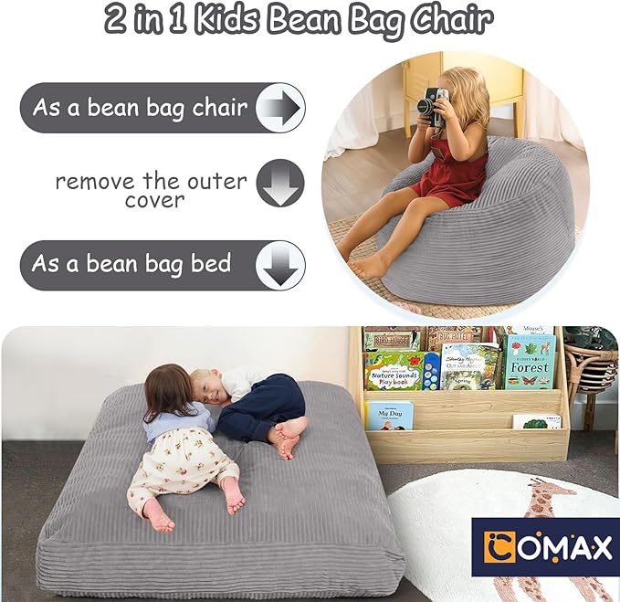COMAX Kids Bean Bag Chair Turn into Beanbag Bed, Toddler Bean Chair Corduroy for Girl Boy Sleeping, Lazy Children Bean Bags with Filler, Convertible Child Floor Mattress, Light Grey