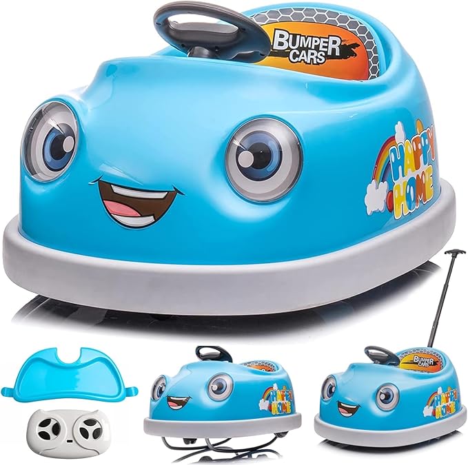 12V Dual Battery Electric Ride on Kids Bumper Car w/Remote Control,360 Degree Spin,Push Rod Rocker Horse Function,3-Speeds Babies & Toddlers Bumping Car Ride on Toy Gift for 1-4 Years Children (Blue)