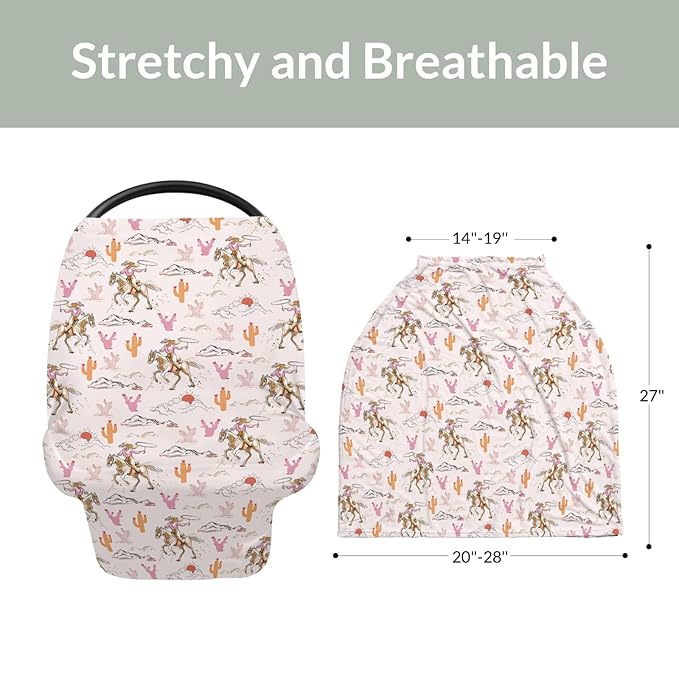 Cute Pink Cowgirl Car Seat Cover for Baby Western Cowgirls Horse Cactus Mountain Sunset Stretchy 5-in-1 Covers Adjustable Infant Carseat Canopy Cover Wild West Desert Breathable Nursing Cover-Up