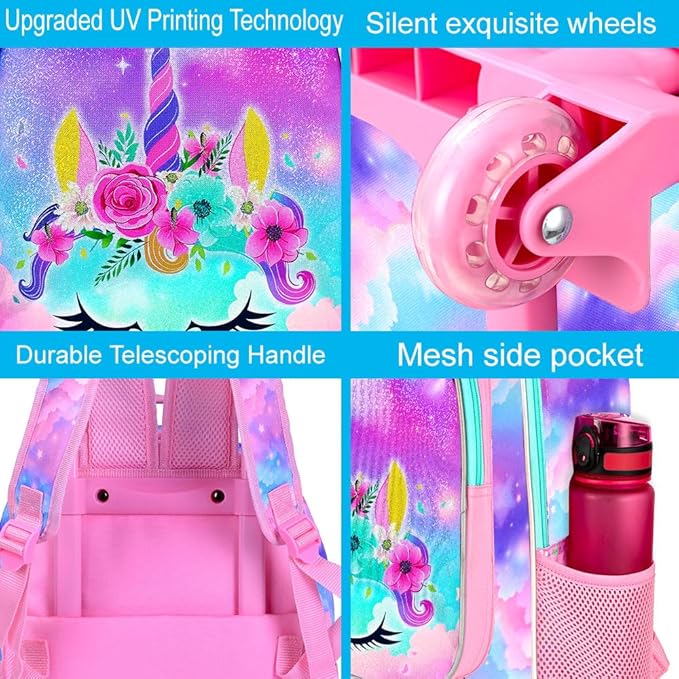 Girls Rolling Backpack, Cute Unicorn Roller Wheels Kids Bookbag - Wheeled Elementary School Bag - 3PCS Unicorn