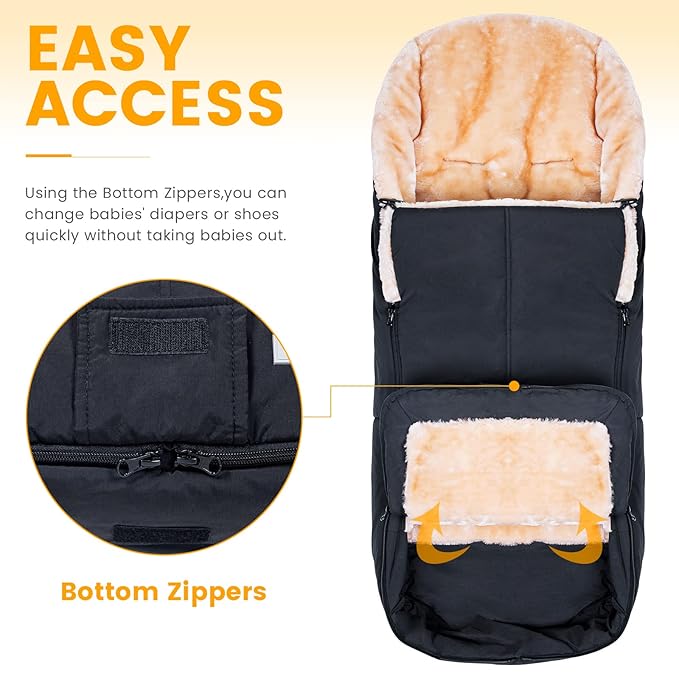 Orzbow Stroller Footmuff Universal | Faux Wool Baby Bunting Bag | Warm, Weather-proof, Adjustable Buckles | Winter Stroller Zipper Blanket Cover | Baby Sleeping Bag for Cold Weather Accessories, Black