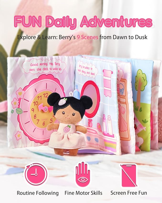 Interactive Sensory Soft Cloth Book, Educational Crinkle Quiet Activity Busy Book for Babies,Toddler Travel Toy Gift for 1-3 Year Old Boys and Girls (A Berry Special Day)-Tanned