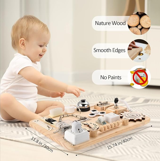 Wooden Busy Board for Toddlers - Montessori Sensory Activity Board for Fine Motor Skills and Early Learning - Travel Toys for Kids - Sensory Toys for autism or ADHD - Ideal for Educational Gifts