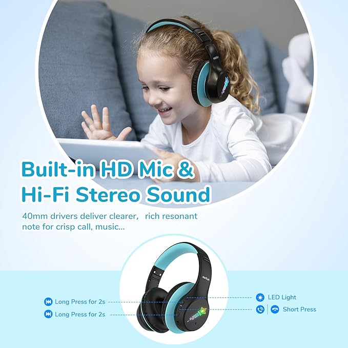 EarFun K4 Kids Bluetooth Headphones, Wireless Headphones with LED Lights, 74/85/94dBA Volume Limited, Built-in Mic, 90H Playtime, Bluetooth 5.4 Over Ear Headphone for iPad/Tablet/School, Dark Black