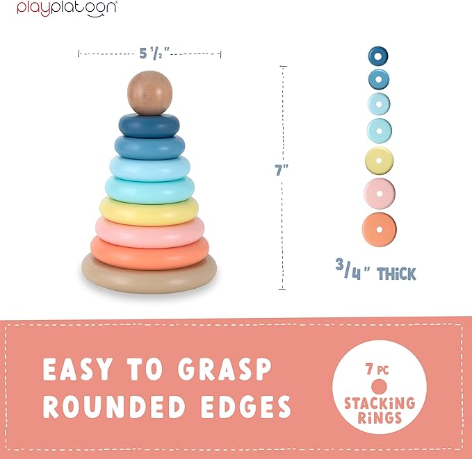 Play Platoon Wooden Rainbow Stacking Toy Ring Stacker, Educational Interactive Learning Toys, Create Stacks of Circles for Kids, Babies, Toddlers and Children