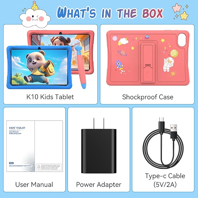 Kids Tablet 10 inch, Android 15 Tablets for Kid, Parental Control, Pre-Installed Kiddos Software & Kids Space, Includes Case & Stylus Pen, 12GB RAM 64GB ROM, 2TB Expand, HD IPS Screen(Blue)