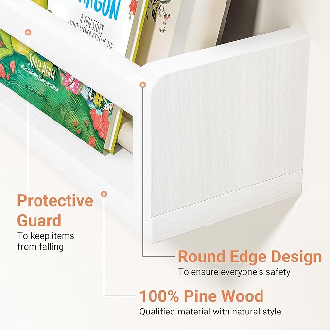 Heimlove Nursery Floating Shelves, White Nursery Book Shelves for Wall, 24 inch Wall Bookshelf for Kids Solid Wood Wall Mounted Shelves for Books,Toys and Decor Storage, Set of 3
