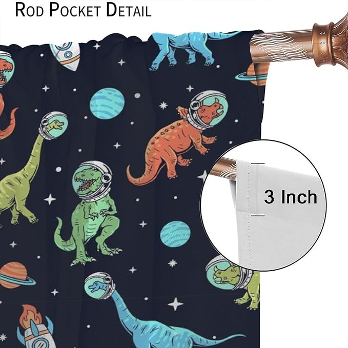 Cartoon Dinosaur Curtains for Kids Boys Girls Home Decor, Astronaut Rocket Funny Outer Space Blackout Rod Pocket Window Drapes for Bedroom Living Room W21xL45in Decor