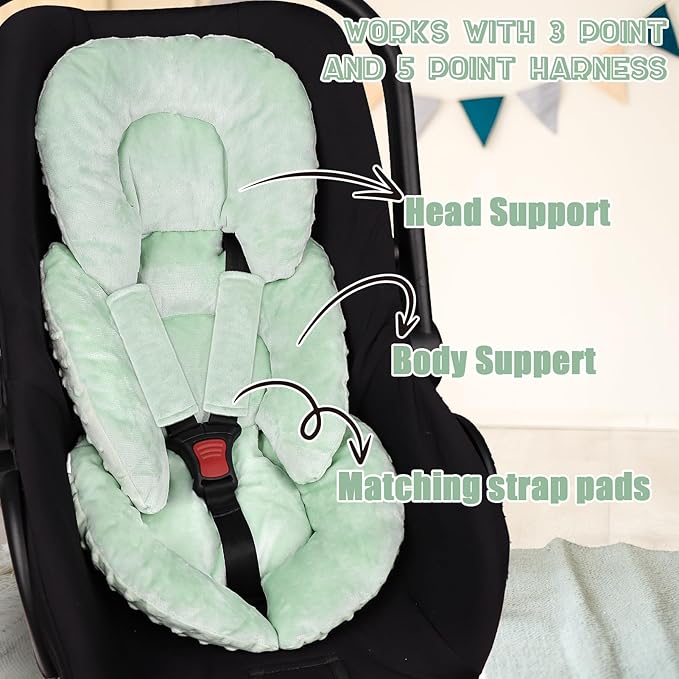 GFU Infant Car Seat Insert Head and Body Support, Reversible Newborn Insert for Carseat with Strap Pads, Soft Stroller Cushion Pillow Insert for Boys and Girls, Fits for Stroller, Swing, Green