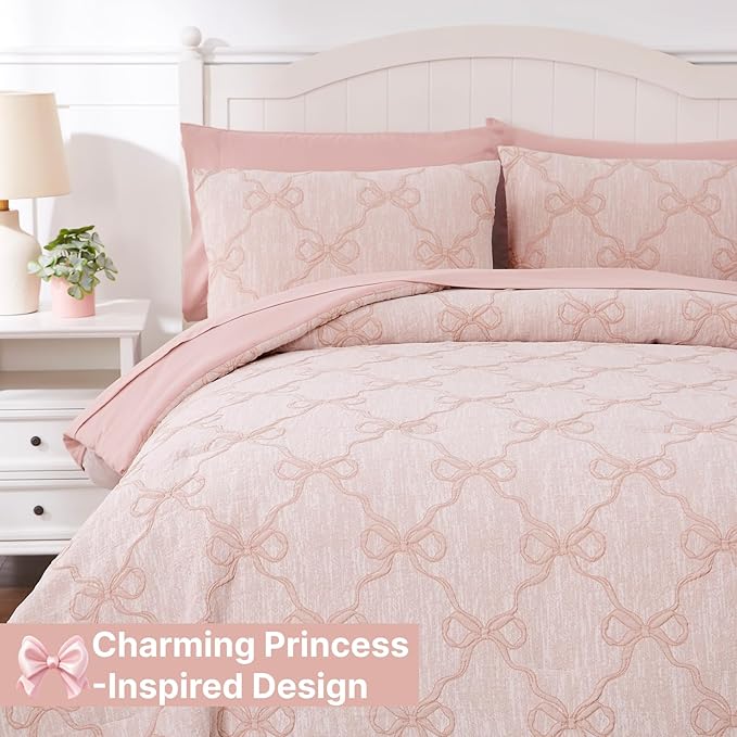 Queen Comforter Set with Sheets for Girls-7 Pieces Queen Bedding Sets with Pink Comforter, Sheets, Pillowcases & Shams for Kids (Pink Diamond, 90" X 90")