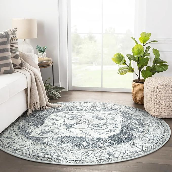 Lahome Boho Round Rugs - 4Ft Washable Non-Slip Small Round Area Rug for Bedroom Grey Lightweight Round Throw Rug, Oriental Distressed Print Indoor Circle Rugs for Bedroom Entryway Bathroom Kitchen