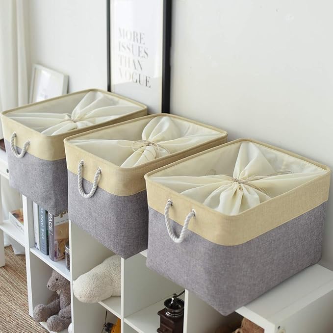TheWarmHome Storage Bins Baskets for Organizing - Extra Jumbo 3 Pack 20.5Lx15.7Wx13.8H Sturdy Fabric Storage Basket for Shelves, Decorative Foldable Closet Nursery Toy (Gold&Grey)
