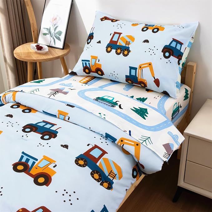 NTBED 4 Pieces Construction Truck Toddler Bedding Set for Baby Boys, Cartoon Vehicles Excavator Cars Printed, Includes Comforter, Flat Sheet, Fitted Sheet and Pillowcase,Light Blue