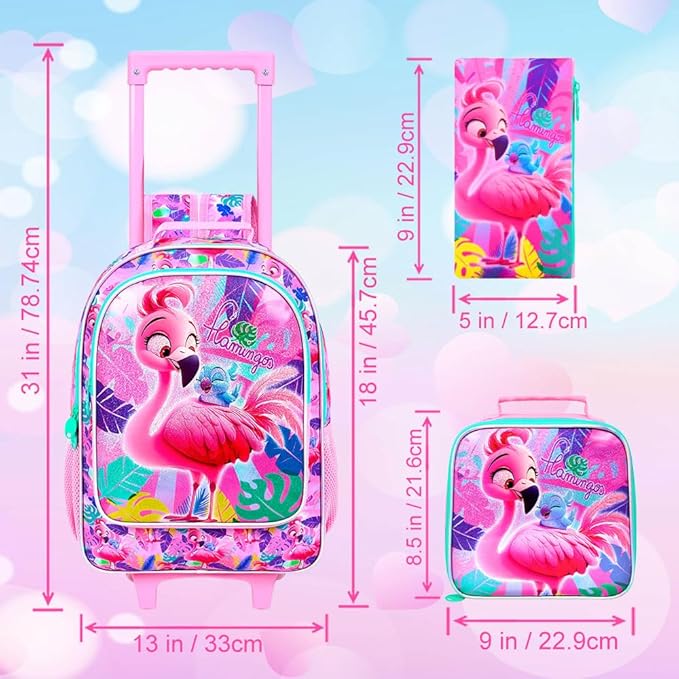 Girls Rolling Backpack, Cute Flamingo Roller Wheels Kids Bookbag - Wheeled Elementary School Bag - 3PCS Flamingo