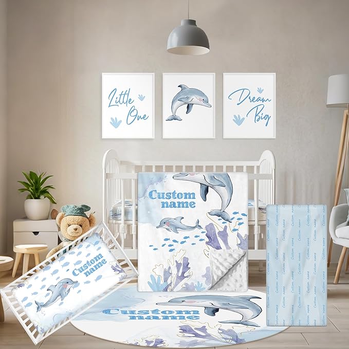 Personalized Baby Crib Bedding Set, 5 Pcs Custom Name Nursery Bedding Set, Blue Dolphin Baby Bedding Set for Girls Boys, Double Layer Baby Crib Sets, Customized Gifts for Toddlers Kids Infants