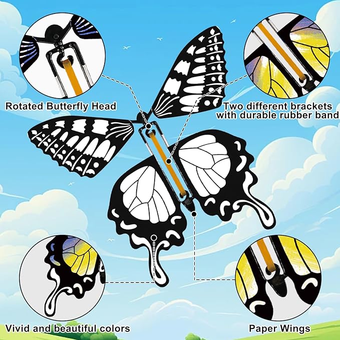 SANYIYIBA 24 Pack Flying Butterfly Craft Kit with 12 Wind Up Butterflies and 12 Color Pens DIY Toys for Kids' Parties School Activities and Parent-Child Fun