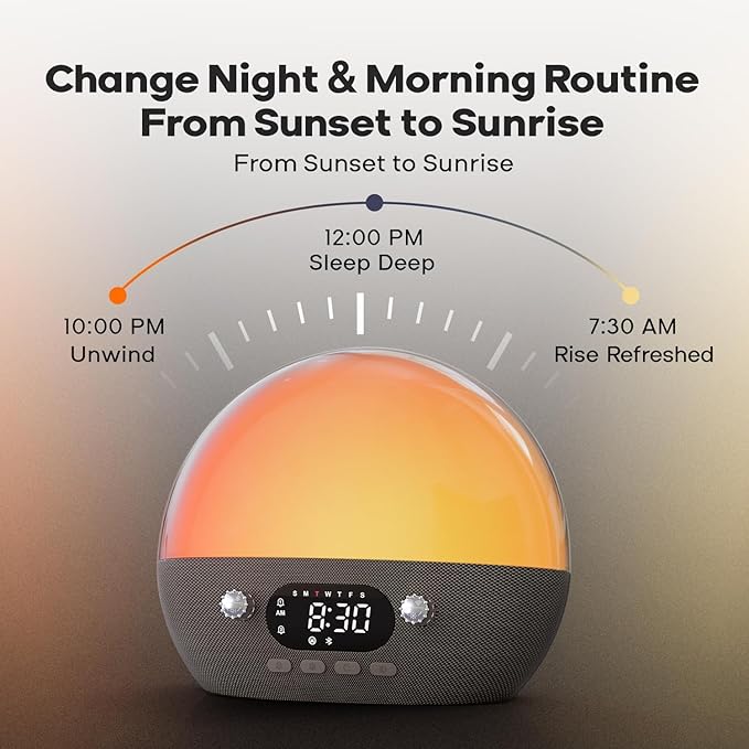Dekala Smart Sunrise Alarm Clock with Wireless Charging for iPhone 14 13 12 Apple Watch AirPods Samsung, White Noise Sleep Sounds Machine, Nursery Night Light for Heavy Sleeper