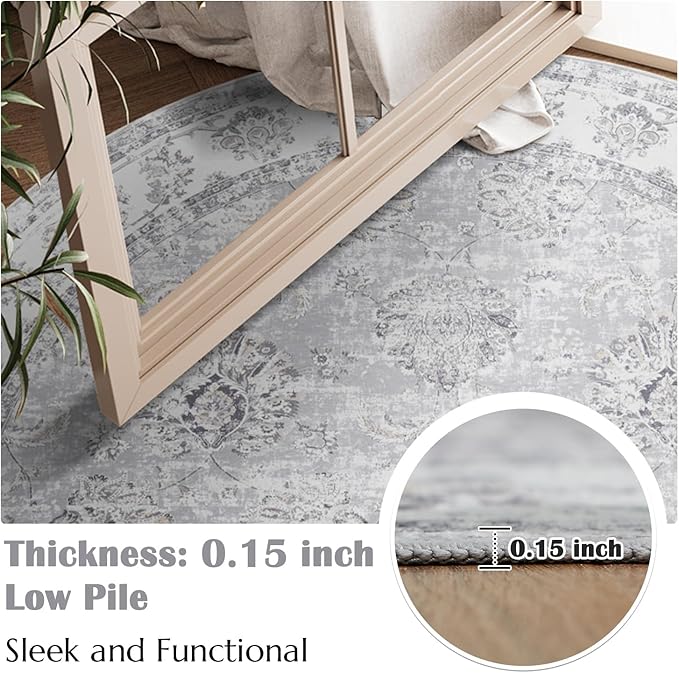 jinchan Round Rug 6ft Area Rugs Vintage Floral Distressed Design - Machine Washable Non-Slip Low-Pile Ultra-Thin Circle Rug for Entryway Bedside Living Room Dining Room Bedroom (6' Round,Grey)