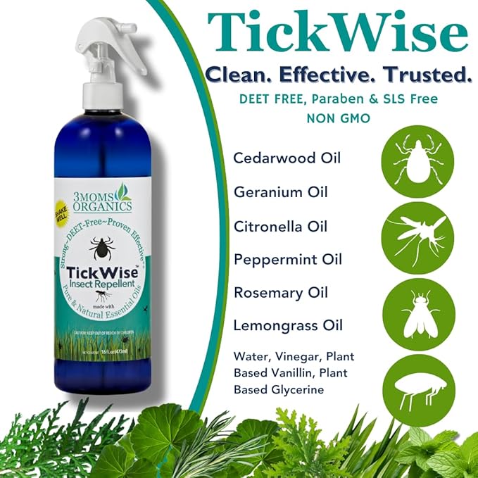 3 Moms Organics TickWise | 16oz Extra Strength, DEET- Free, Tick and Insect Repellent | Plant Based Essential Oils and All Natural Ingredients | Safe for Kids, Adults, Dogs and Horses