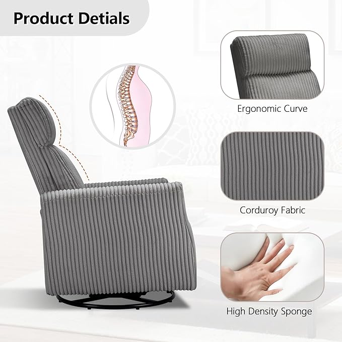 CANMOV Swivel Rocker Chair Set of 2, Swivel Accent Chair with High Back and Arms, Corduroy Glider Chair for Living Room Bedroom Nursery, Grey