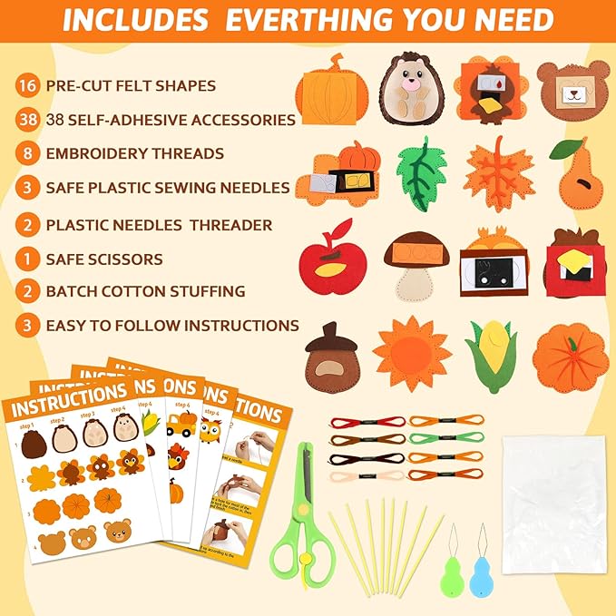 ZOIIWA 16 Sets Fall Sewing Kit Autumn DIY Stuffed Craft Kit Fall Pumpkin DIY Sewing Set for Kids Thanksgiving Felt Ornaments Decorations for Beginners Educational Craft Toys Gifts for Boys Girls