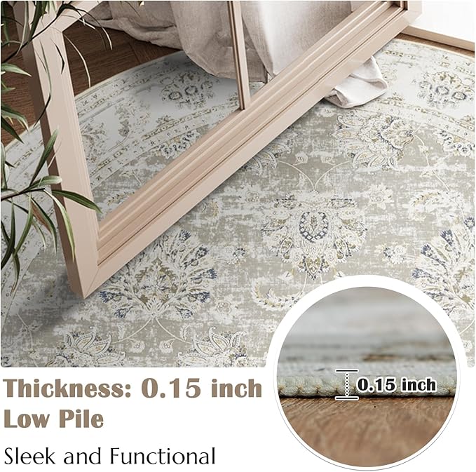 jinchan Round Rug 7ft Area Rugs - Vintage Floral Distressed Design Machine Washable Non-Slip Low-Pile Ultra-Thin Circle Rug for Living Room Dining Room Bedroom Home Office Farmhouse (7' Round,Taupe)