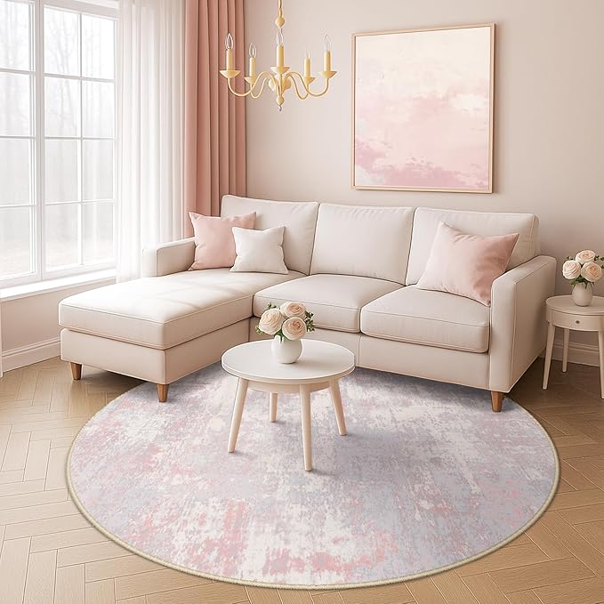 Washable Area Rugs 8ft Non-Slip Modern Abstract Soft for Living Room Entryway Bedroom Nursery, Print Pattern, Grey Pink
