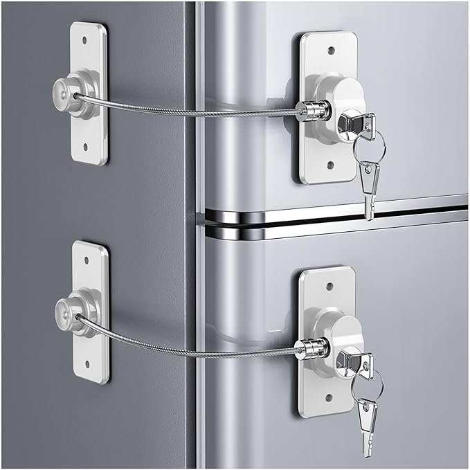 2 Pack Refrigerator Door Lock with Adhesive, No Tools Required, Child Proof Fridge Door Lock for Kids and Pets, Self Adhesive Latch for Freezer, Cabinets, Drawers, Air Oven, Windows (Patent)